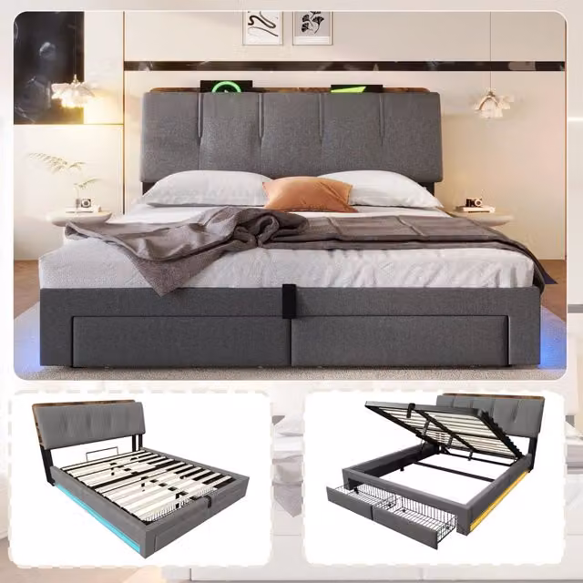 Letto imbottito idraulico con USB LED 140x200 cm colore grigio lino