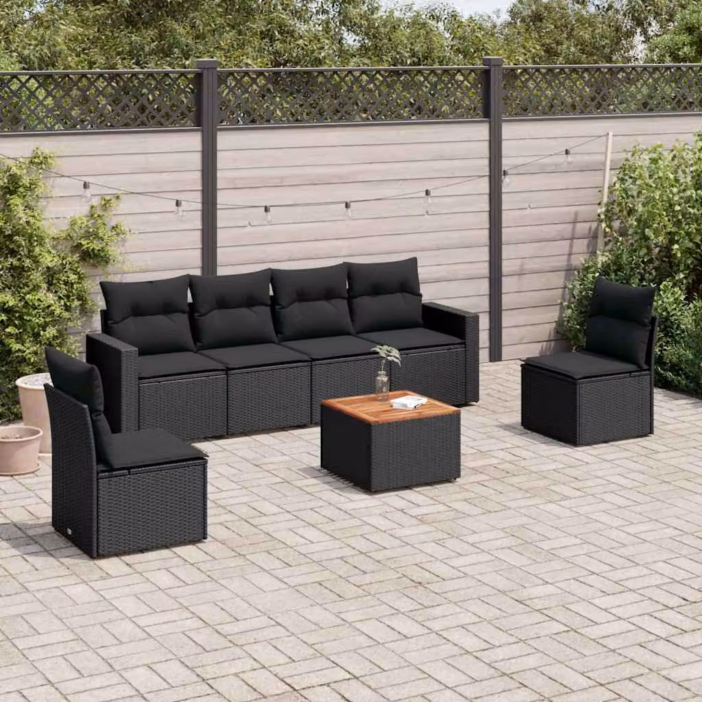 Set di divani da giardino vidaXL in polyrattan nero con 7 pezzi e cuscini inclusi – 1
