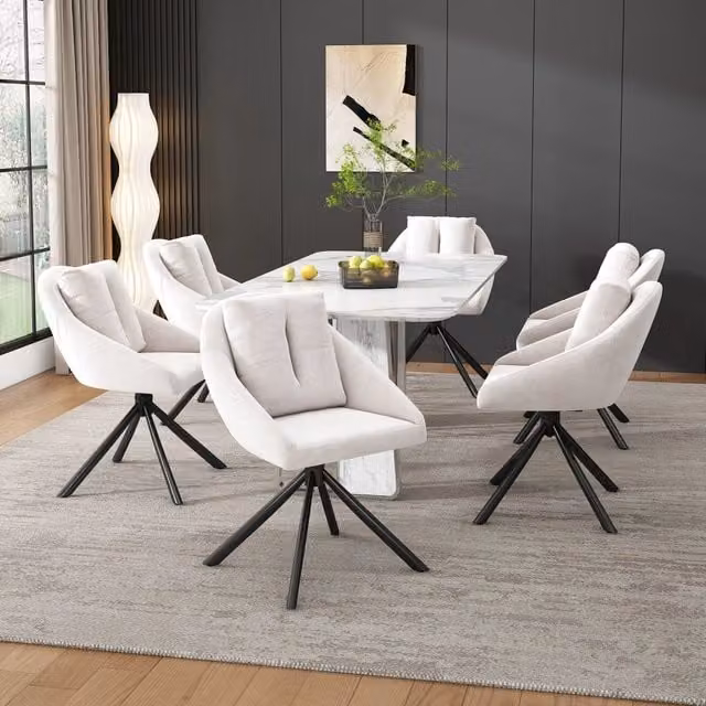 Sedia da pranzo girevole in velluto con seduta ergonomica traspirante e base in metallo beige, set da 6