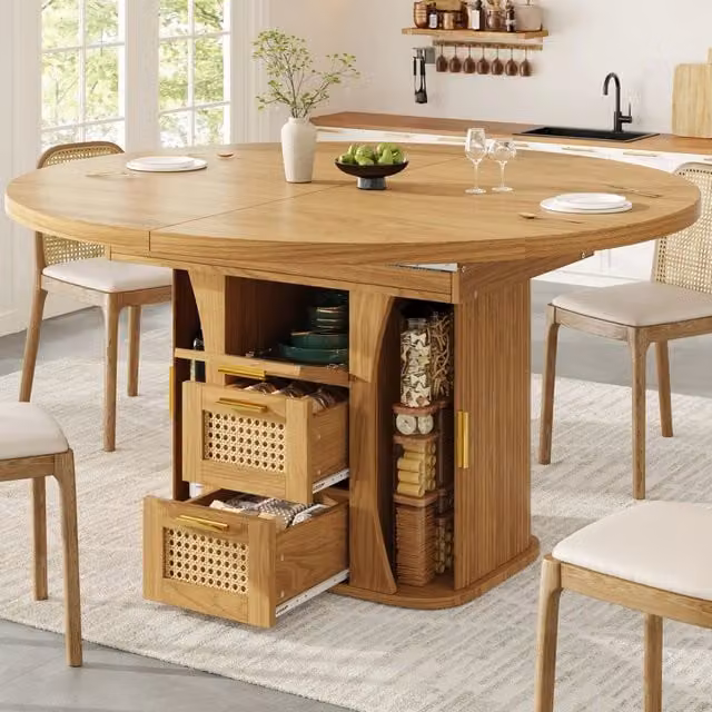 Tavolo da pranzo allungabile con cassetti effetto rattan, piano estensibile in MDF naturale per cucina e sala da pranzo