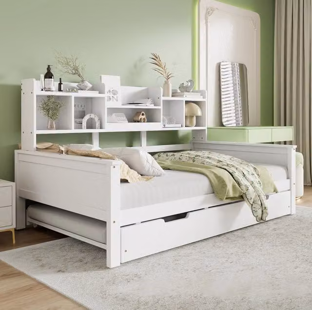 Letto multifunzione in pino con letto estraibile 90x190 cm e ripiani; bianco
