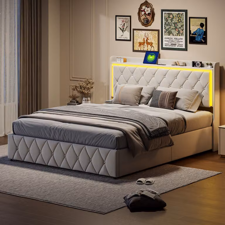 Letto imbottito CDGlobal 160x200cm con rete e doghe, letto a molle idrauliche LED con lettore USB e Bluetooth, letto matrimoniale in velluto con contenitore beige