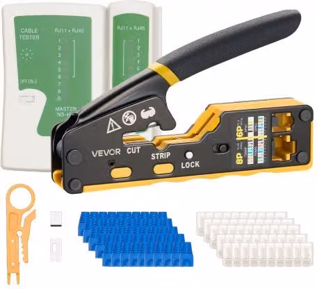 Kit Crimpatura VEVOR per Cavi Ethernet RJ45 RJ11 RJ12 in Acciaio Giallo con Mini Spelafili 50 Connettori 50 Guaine Lame di Ricambio e Tester per Cavi di Rete