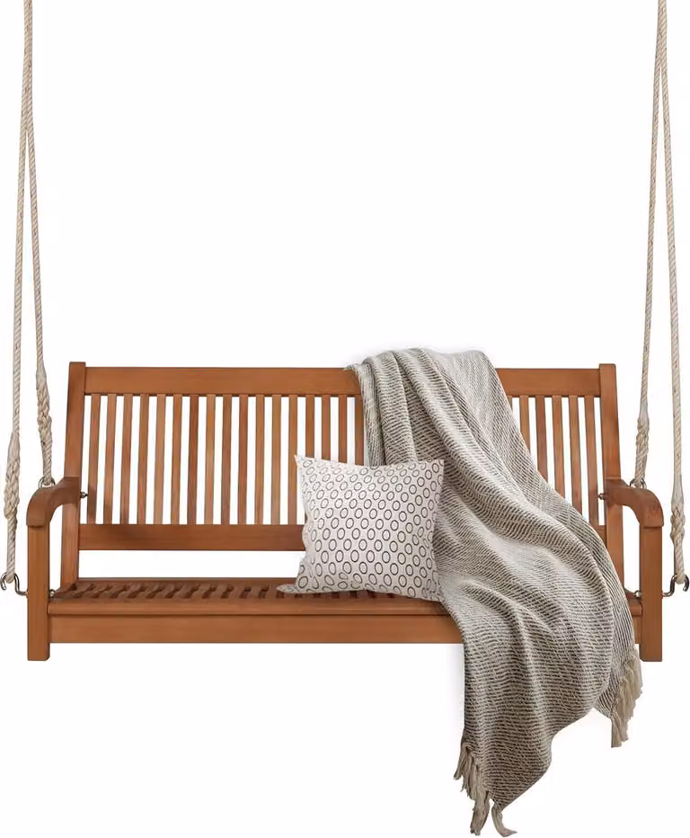 KOMFOTTEU Panchina sospesa in legno di eucalipto, dondolo a due posti, dondolo hollywoodiano sospeso con braccioli, dondolo con portata fino a 360 kg, 126 x 62 x 60 cm