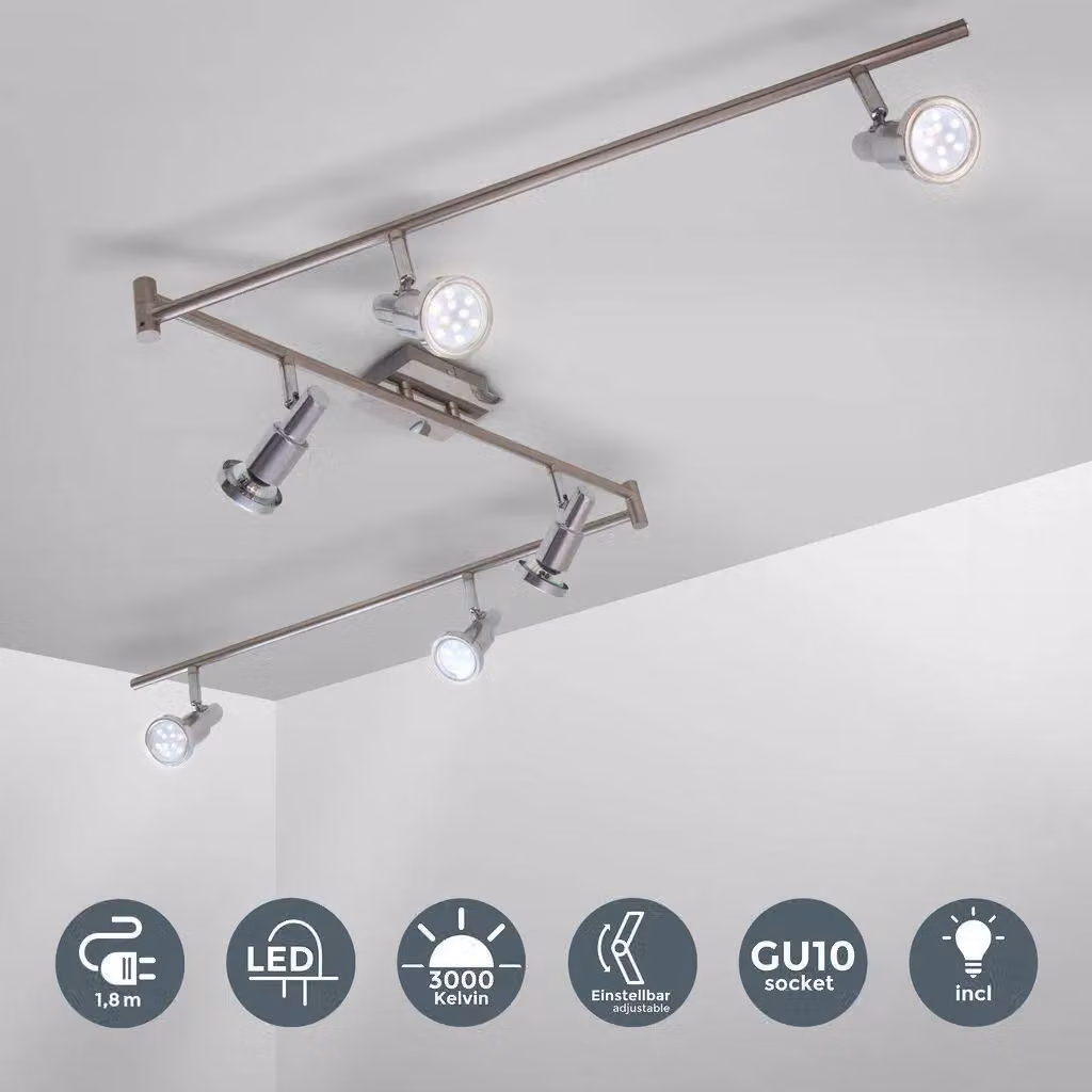 Plafoniera LED con faretti orientabili, include 6 lampadine GU10 da 5W 400Lm, luce calda 3000K lampadario moderno in metallo, lampada da soffitto per cucina o camera da letto 230V IP20