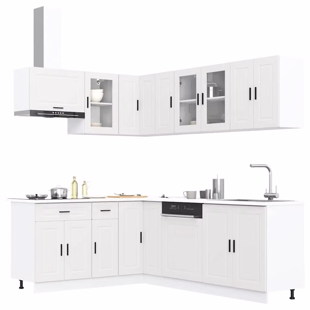 Set di mobili da cucina moderno vidaXL composto da 11 pezzi in legno e vetro, colore bianco opaco