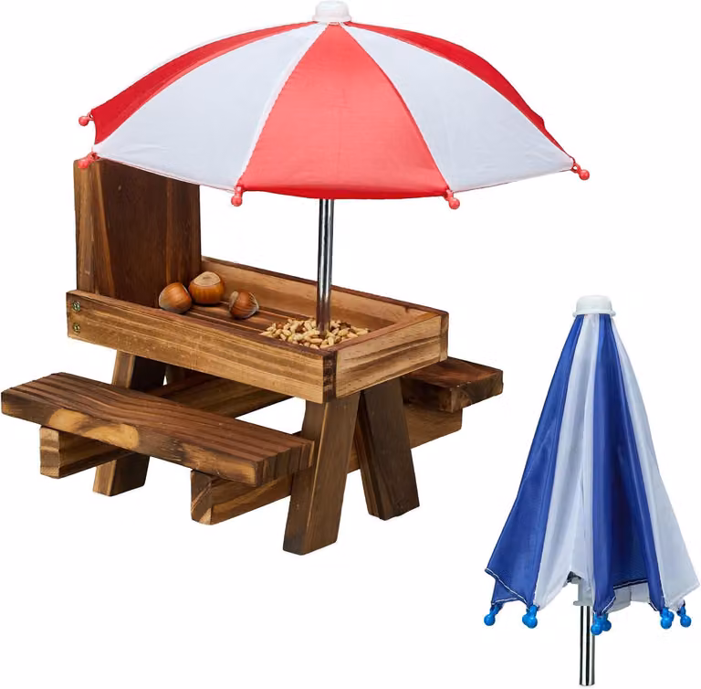 Tavolo da picnic per scoiattoli - Legno - Tavolo per scoiattoli con 2 ombrelloni - Mangiatoia - Da appendere - Albero - Marrone scuro