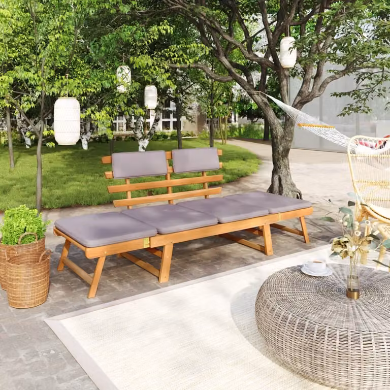The Living Store Lettino da giardino 2 in 1 con cuscino 190 cm in legno massiccio di acacia
