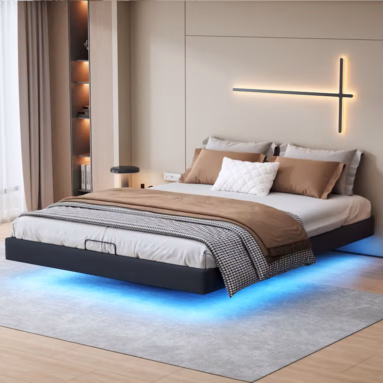 Letto imbottito Fortuna Lai 160x200cm con LED, struttura letto in lino con rete a doghe, con contenitore idraulico, letto matrimoniale, letto matrimoniale, montaggio facile, beige