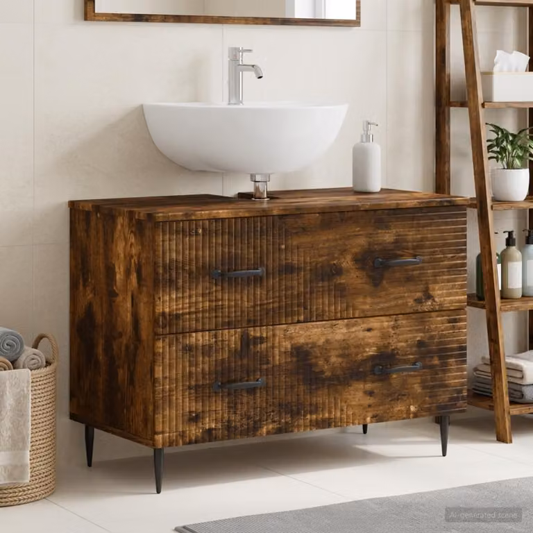 Armadio per lavabo da bagno vidaXL HAARLEM Rovere Fumo con ante a battente e cassetti interni, moderno, marrone e nero, L: 82,0 cm, P: 41,0 cm, H: 58,5 cm