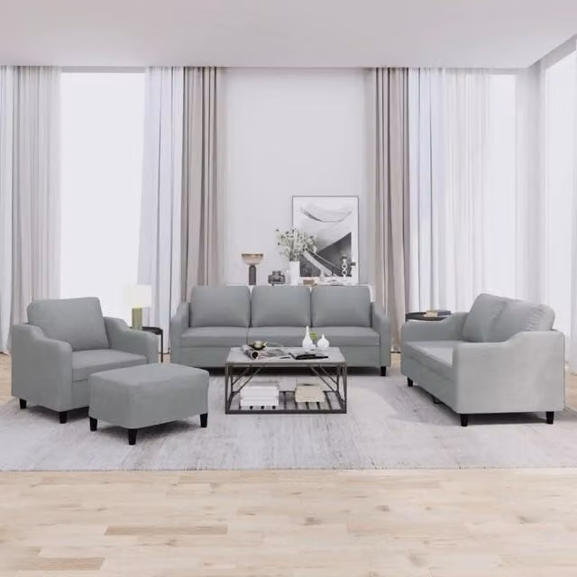 Set di divani moderno vidaXL in tessuto grigio composto da un divano a 3 posti, un divano a 2 posti, un pouf e cuscini coordinati – 1