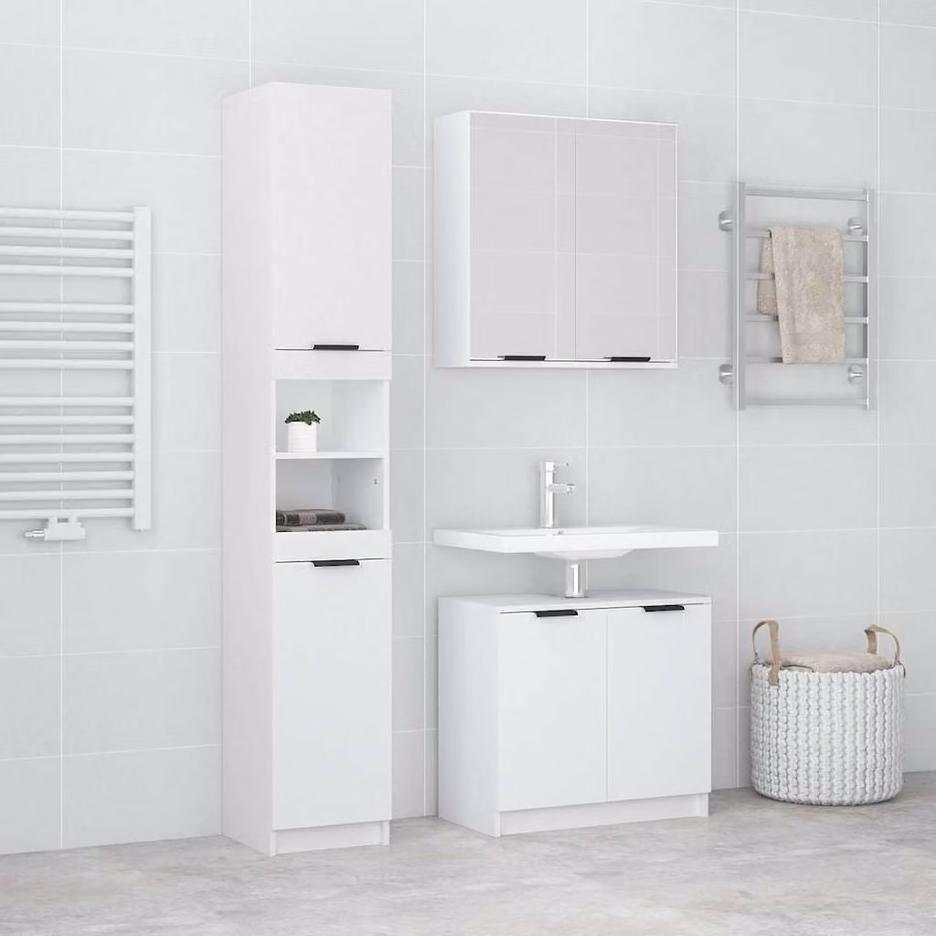vidaXL Set di Mobili da Bagno Moderno 3 pz Bianco in Legno con Mobile Lavabo, Armadietto con Specchio e Colonna, L/P/H: 64.5 x 33.5 x 59.0 cm