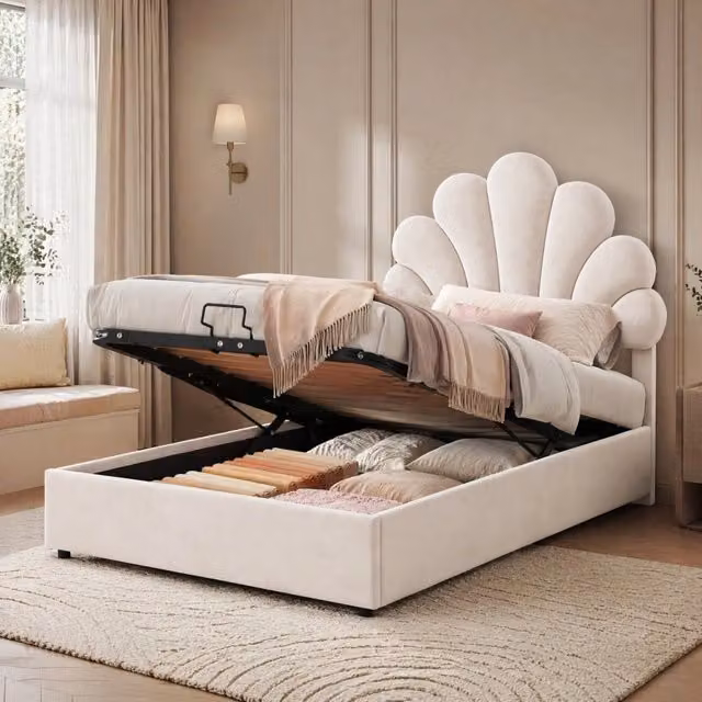 Letto imbottito contenitore 90x200 cm in velluto beige con testiera floreale