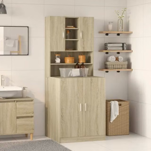 Set di 2 armadietti per lavatrice spazio ottimizzato bagno 70,5 x 71,5 x 181,5 cm in legno ingegnerizzato rovere sonoma 02_0055646