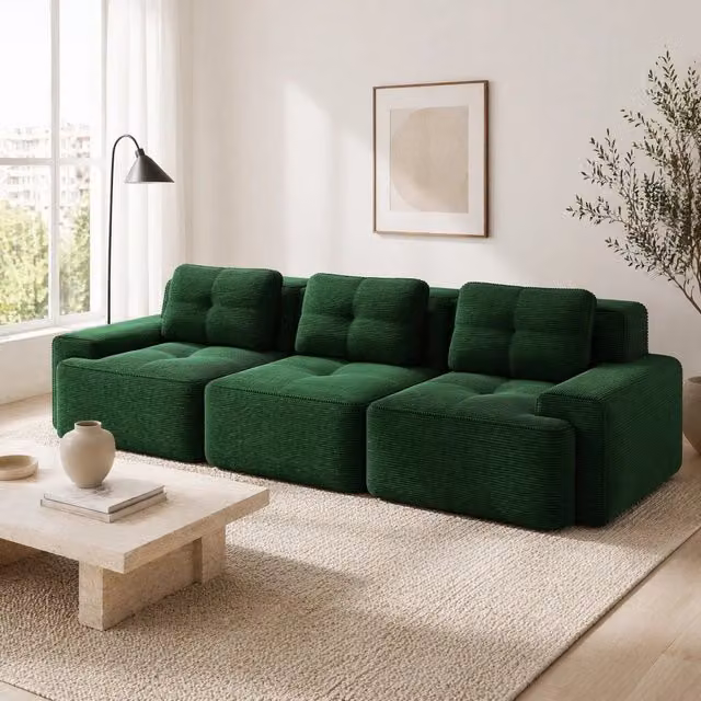 Divano modulare basso in velluto a coste verde con seduta profonda 74 cm HOMVRA