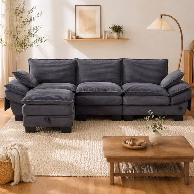 Divano modulare 3 posti con pouf 260x132x84 cm in tessuto a coste grigio scuro; USB-C