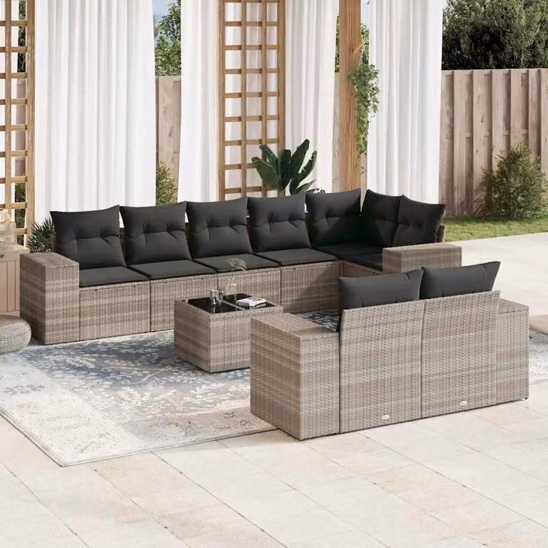 Set Divano da Giardino a L vidaXL 9pz in Polyrattan Grigio con Cuscini e Tavolino