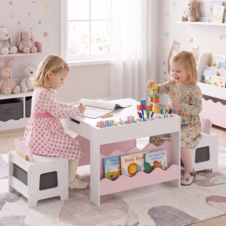 Set Tavolo e Sedie in Legno Costway 3 in 1 per Bambini con Cassetto e Lavagna Rimovibile, Rosa e Bianco