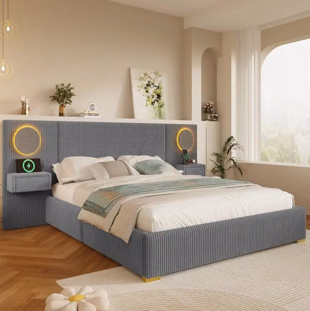 Letto matrimoniale 180x200 cm in velluto grigio con LED e USB, senza materasso –