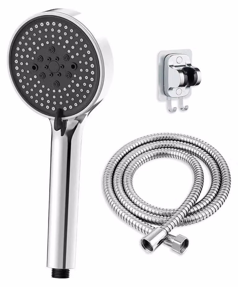 Set di soffioni per doccia - 5 diverse tipologie di getto - Risparmio idrico - Alta pressione - Cromato - Con tubo flessibile e supporto - Argento, set da 3 pezzi