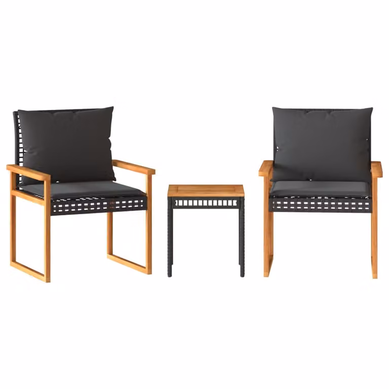Set esclusivo per esterni - Tavolo bistro e due sedie, composto da: struttura in rattan sintetico nero, piano del tavolo e sedute in legno di acacia, con cuscini
