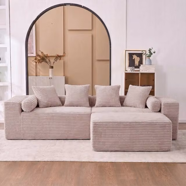 Divano angolare modulare senza montaggio con chaise longue in schiuma e molle beige 266 × 110 × 60,01 cm