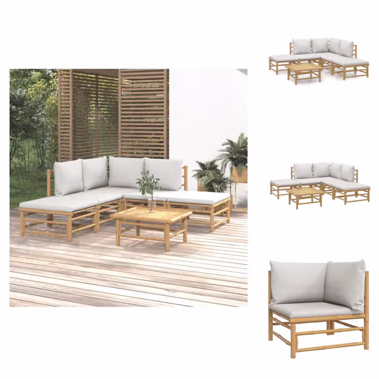 vidaXL Set di 6 pezzi per salotto da giardino con cuscini in bambù grigio chiaro - Set di mobili da giardino