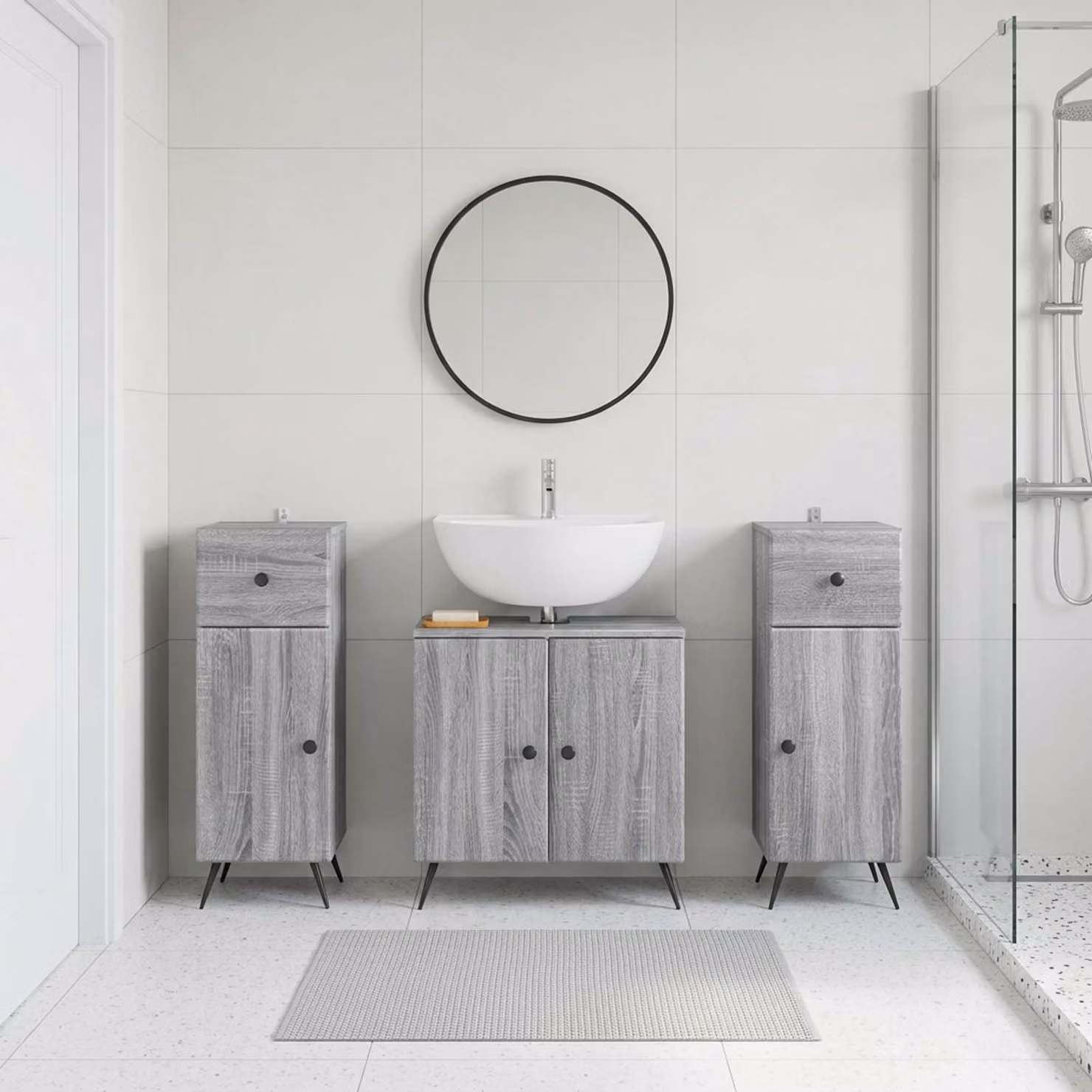 Set di armadietti da bagno 3 pezzi vidaXL BREDA Sonoma grigio con mobile lavabo e pensili