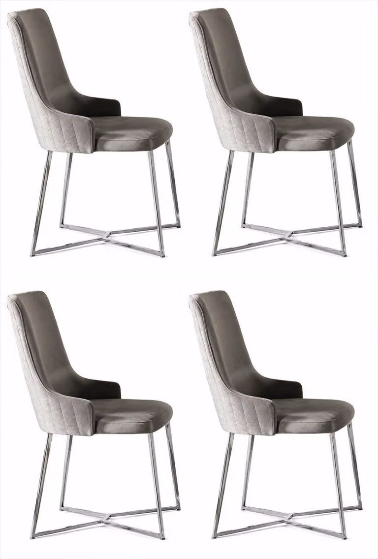 Sedia da pranzo grigia, imbottita, dal design moderno, realizzata in tessuto e metallo con finitura cromata