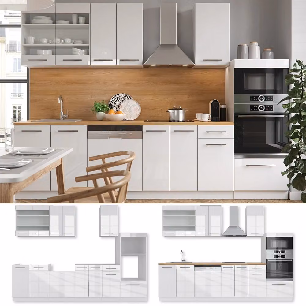 Cucina componibile Fame-Line Vicco Bianco lucido e Bianco, L: 300 cm, con armadio alto e dettagli in Rovere – 2