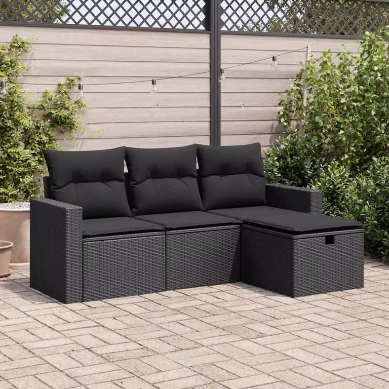 Set di divani da giardino vidaXL in polyrattan nero con cuscini, componibile a L per esterno e terrazza