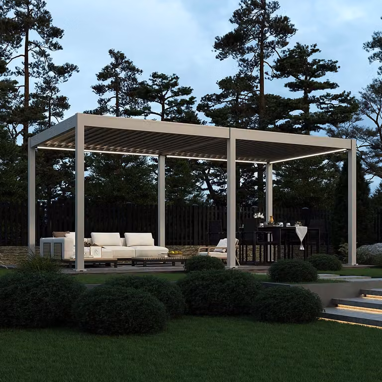 Pergola elettrica Weide E-Deluxe interamente in alluminio, 3x6 m, con tetto a lamelle color Ivory Sand
