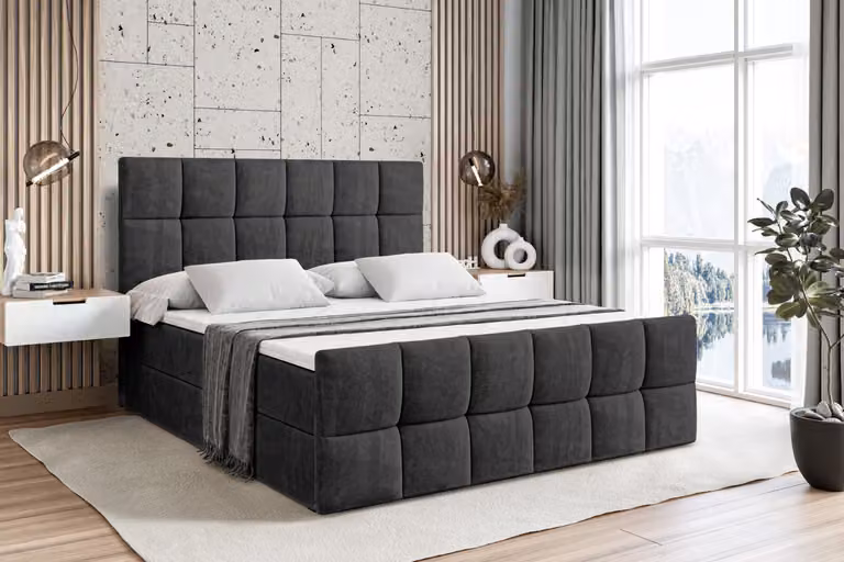 Letto boxspring ALTDECOR con pediera, materasso H3 e topper - 200x200 cm - RICAR-Z - Velluto nero - Letto imbottito con contenitore e rete a doghe, letto con spazio di stivaggio