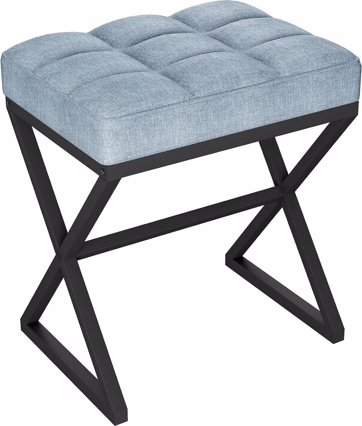 Pouf da trucco, dimensioni 40 x 30 x 46 cm, rivestito in lino, gambe in metallo a forma di X, colore blu-grigio, ideale per la camera da letto