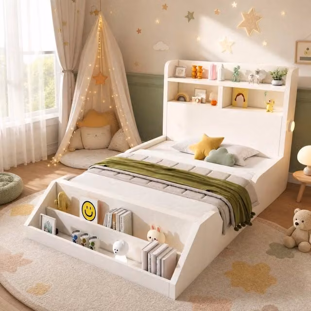 Letto singolo 90x200 cm con libreria removibile; rete a doghe e 2 luci notturne; bianco