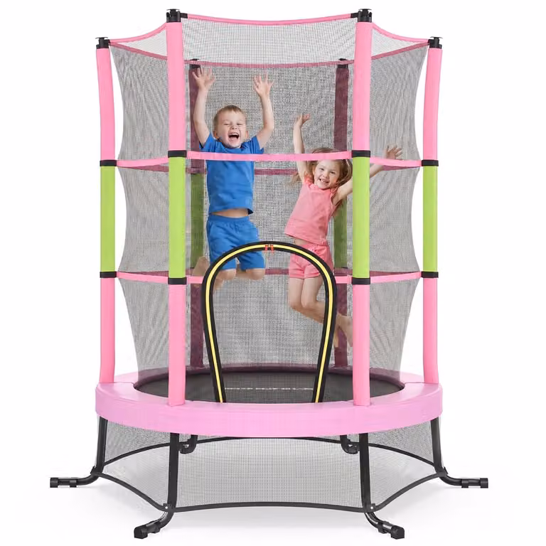 Trampolino per bambini con recinto di protezione e tappeto sicurezza, Rosa