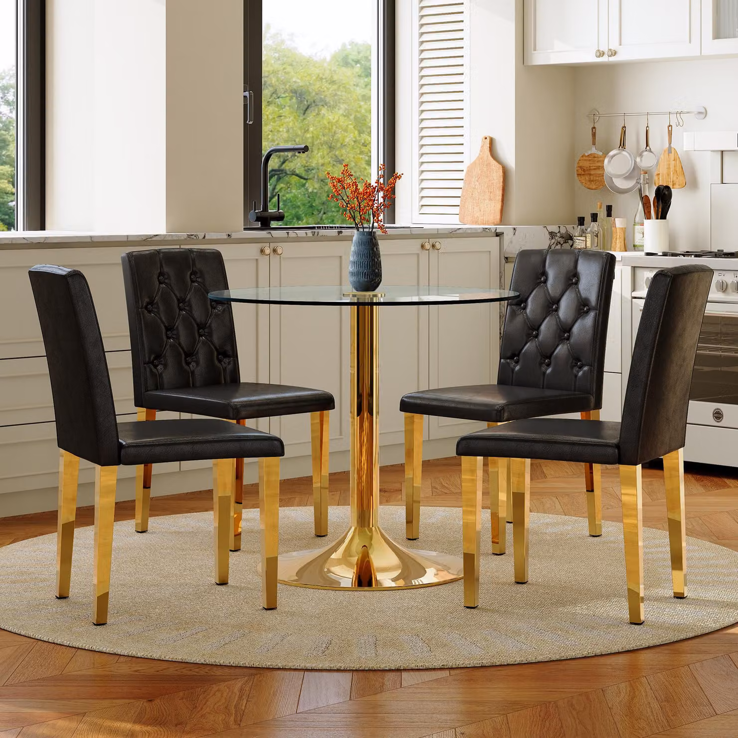 Set tavolo e sedie, tavolo in vetro con diametro di 85 cm, struttura in metallo, 4 sedie da pranzo (color nero e oro, trasparenti)