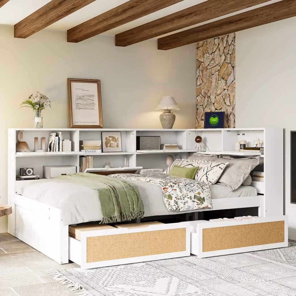 Letto matrimoniale Chicfurn bianco con cassetti, ripiani e porta USB in MDF, L/P/H: 225 x 140 x 92 cm – 2