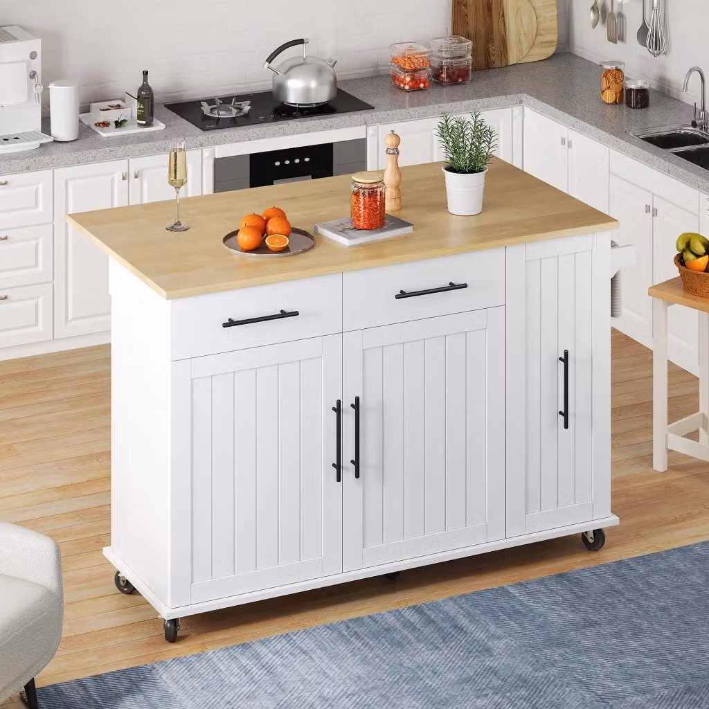 Isola da cucina mobile WISHDOR bianca con piano a ribalta, organizer estraibile a 3 livelli e ruote bloccabili, H 90 cm x L 120 cm x P 40 cm – 2
