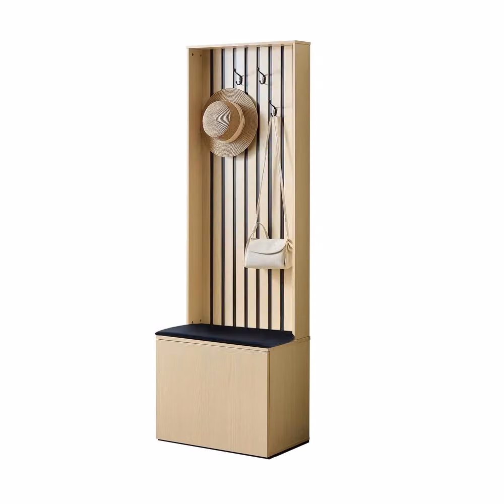 Consolle ingresso Minimal con panca, scarpiera e appendiabiti con 4 ganci, Rovere bianco – 2