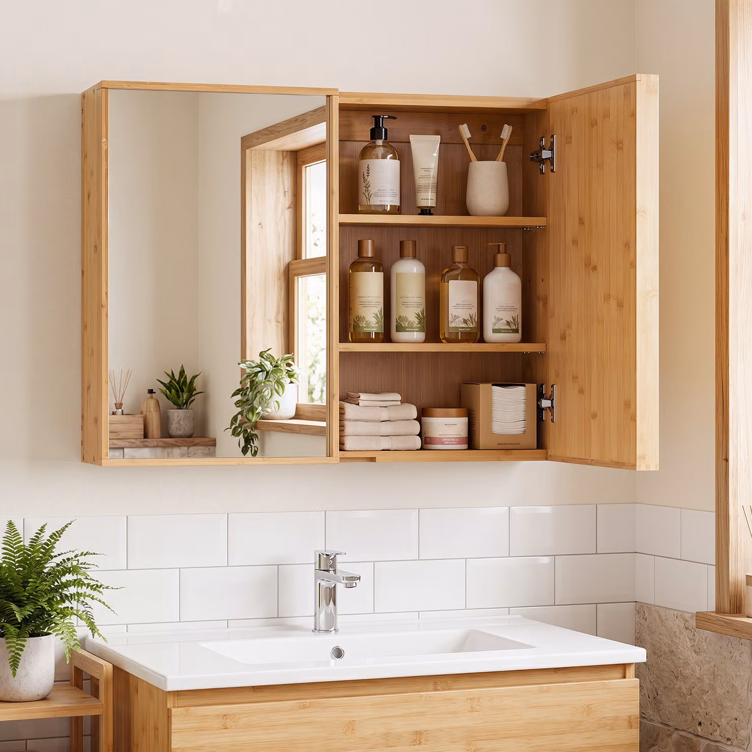 Armadietto da bagno con specchio Costway in bambù marrone con 2 ante e 2 ripiani regolabili, L/P/H: 65 x 14 x 50,5 cm