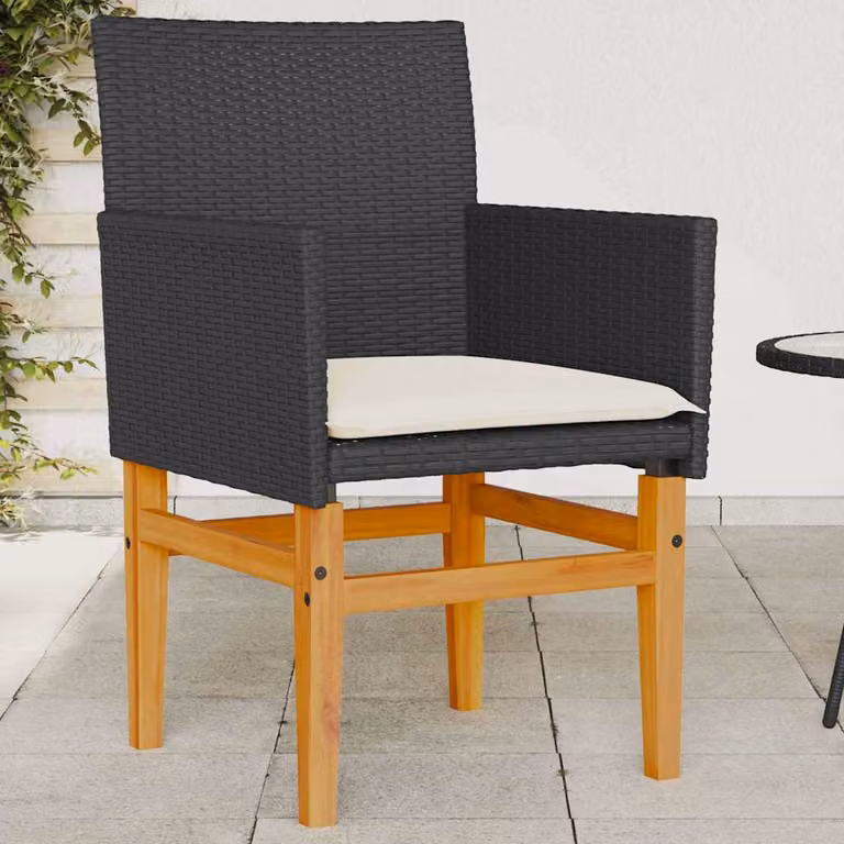Set di 2 sedie da giardino vidaXL in polyrattan e legno di acacia con cuscini neri e bianchi resistenti ai raggi UV