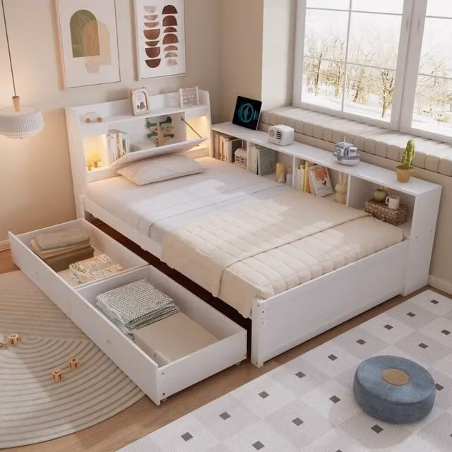 Letto singolo con funzione di illuminazione e contenimento in legno di pino e MDF 90x200 cm
