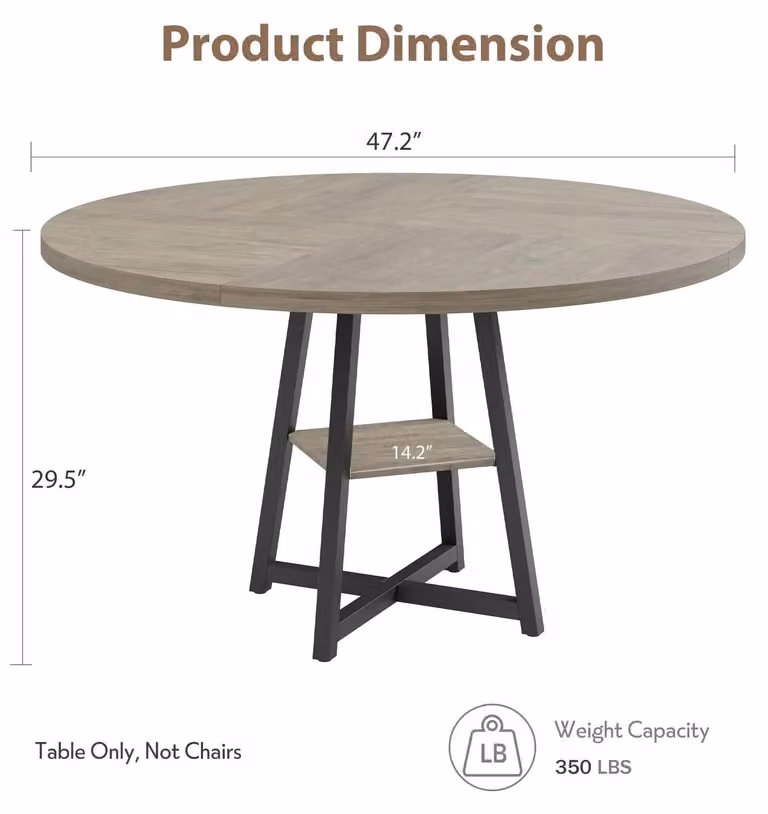 Tavolo da pranzo in stile rustico industriale - Tavolo rotondo in legno di 120 cm - Struttura in metallo con gambe coniche - Piano in legno - Per 4 persone - Grigio chiaro
