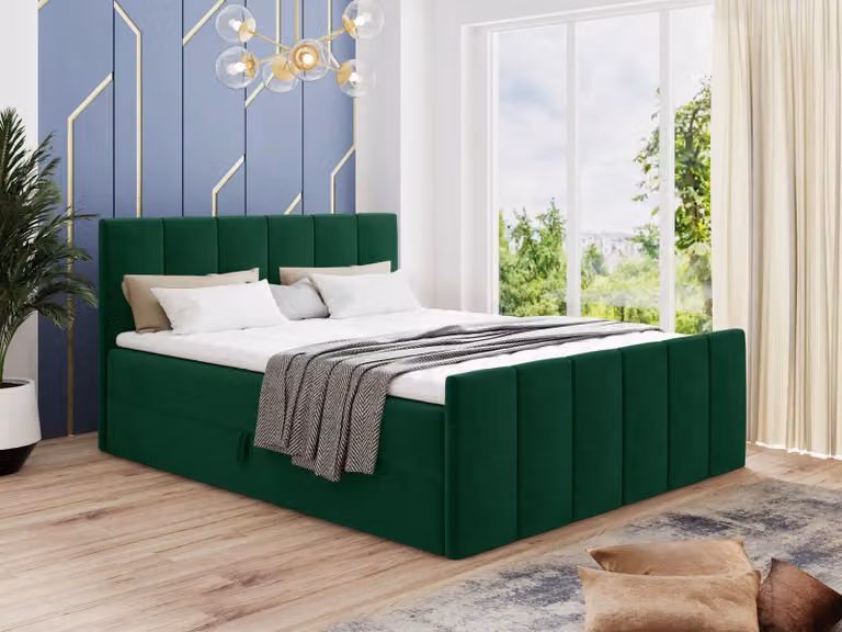 Letto boxspring Star Lux con pediera, 2 cassetti e coprimaterasso - Letto matrimoniale con coprimaterasso, materasso Bonell, letto imbottito, letto (verde scuro (Kronos 19), 180 x 200 cm)