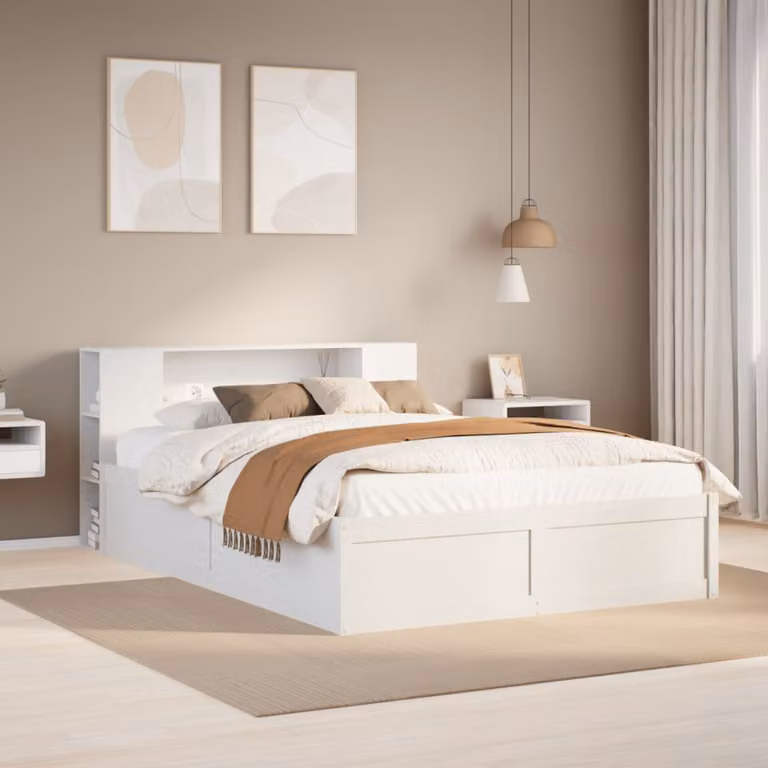 Letto in legno massello di pino stile rustico vidaXL bianco con scomparti laterali L 220,5 cm x P 141,5 cm x H 82,0 cm