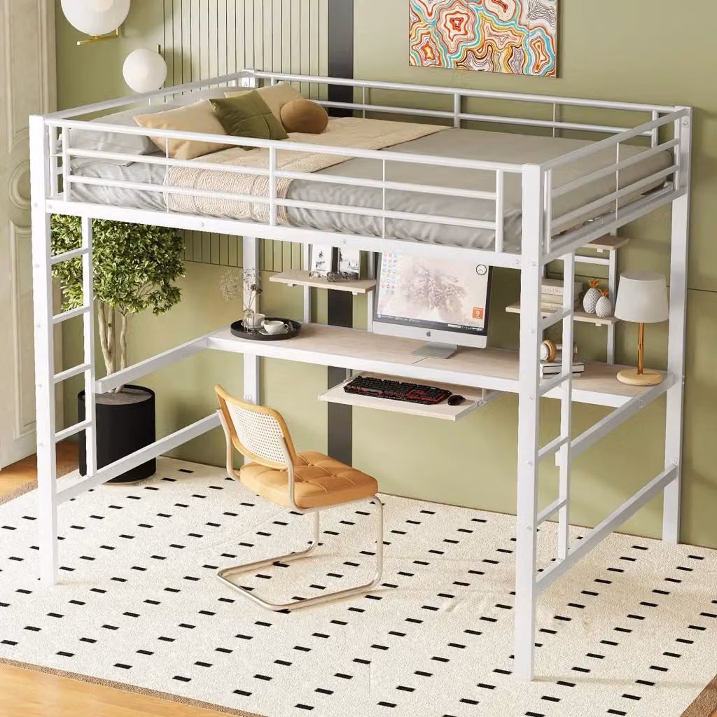 Letto a Soppalco Matrimoniale Bianco con Scrivania, 2 Scaffali e Ripiano Tastiera, L/P/H: 140 x 200 x 204 cm – 2