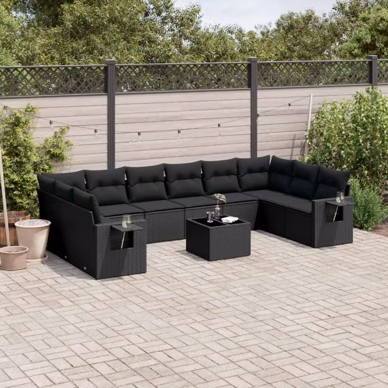 vidaXL Set Divani da Giardino 11 pz in Polyrattan Nero con Cuscini e Tavolino da Esterno