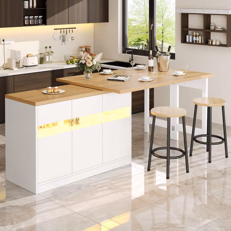 Tavolino bar allungabile con illuminazione LED controllabile tramite app, girevole a 360°, isola da cucina con ante in vetro, mobile contenitore da pranzo, ideale per il soggiorno, colore bianco
