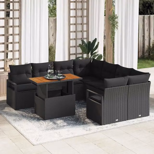 Set Divano da Giardino 9 pz 8-Numero di posti Nero e Marrone 3349694